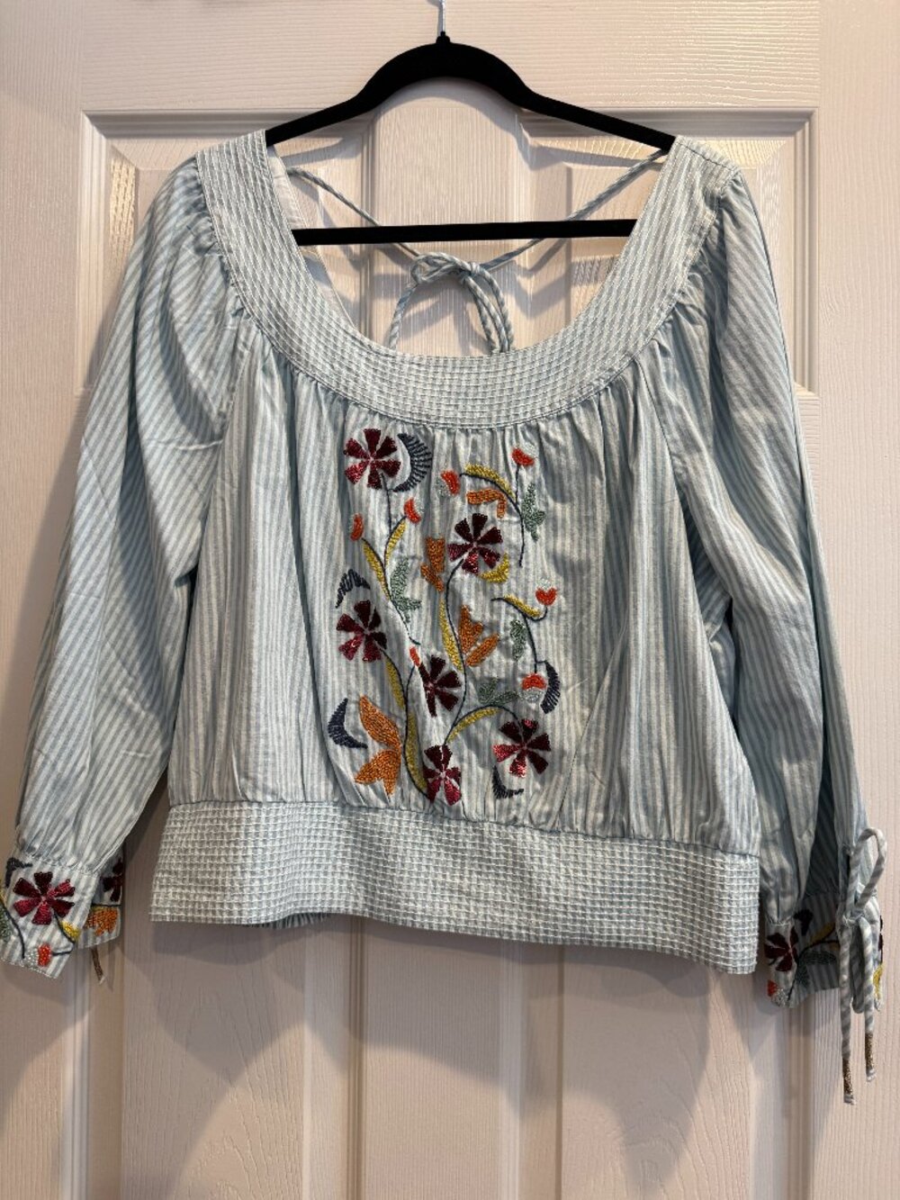 Anthropologie Multicolor Floral Beaded Embroidery Cotton Blouse